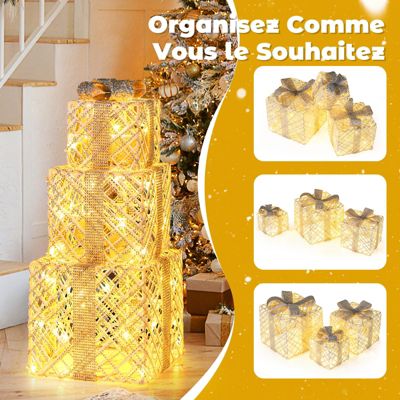 3 Pcs Boîtes Cadeaux De Noël Lumineux Avec 48 Lumières LED, Nœuds, Pré-éclairées Pour Intérieur