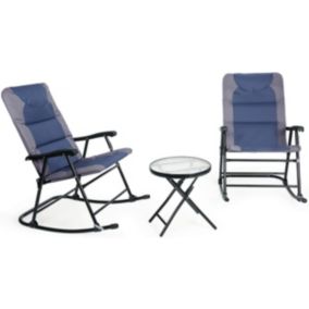 3 Pcs Ensemble de Fauteuil à Bascule et Table Basse Pliante 2 Chaise Berçante avec 1 Table Ronde Bleu