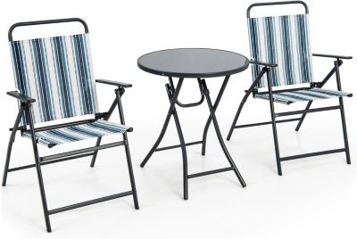 3 PCS  Pliable 2 Chaises en Textilène et 1 Table Basse en Verre Trempé Cadre Métallique