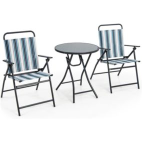 3 PCS  Pliable 2 Chaises en Textilène et 1 Table Basse en Verre Trempé Cadre Métallique