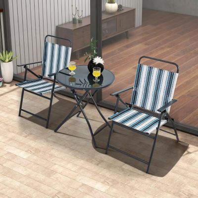 3 PCS  Pliable 2 Chaises en Textilène et 1 Table Basse en Verre Trempé Cadre Métallique