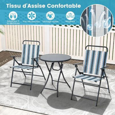 3 PCS  Pliable 2 Chaises en Textilène et 1 Table Basse en Verre Trempé Cadre Métallique