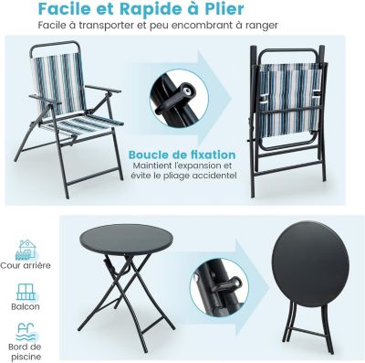 3 PCS  Pliable 2 Chaises en Textilène et 1 Table Basse en Verre Trempé Cadre Métallique