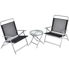 3 PCS Salon de Jardin Pliable 2 Chaises en Textilène 1 Table Basse en Verre Trempé Cadre Métallique pour Jardin Terrasse Noir