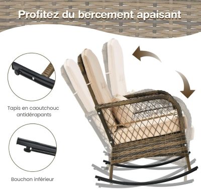 3 Pièces pour 2 Personnes 2 Fauteuils à Bascule en Rotin PE avec Table Basse en Verre Trempé  Coussins Rembourrés Style Rustique