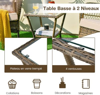 3 Pièces pour 2 Personnes 2 Fauteuils à Bascule en Rotin PE avec Table Basse en Verre Trempé  Coussins Rembourrés Style Rustique