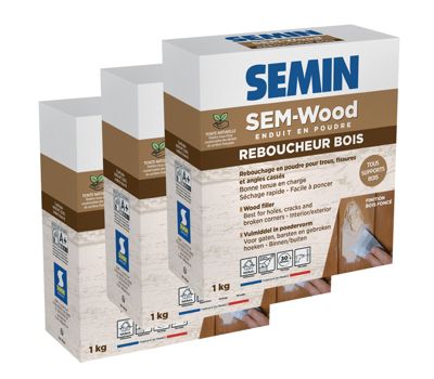 3 Reboucheurs Bois Semin - Traitement des Trous et Fissures - Intérieur/extérieur - Finition Bois Foncé - Poudre - 1 kg