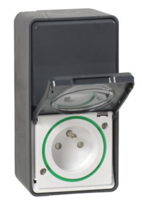 Interrupteur va-et-vient + prise avec terre verticale étanche complets saillie Schneider Electric Mu