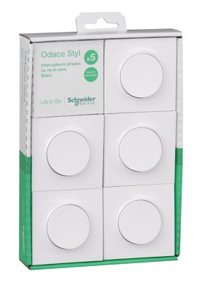 Interrupteur va-et-vient complet Schneider Electric Odace blanc, lot de 5