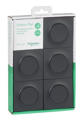 Interrupteur va-et-vient complet Schneider Electric Odace anthracite, lot de 5