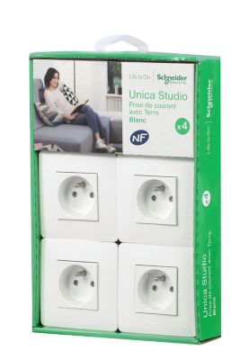 Prise avec terre complète Schneider Electric Unica Déco blanc, lot de 4