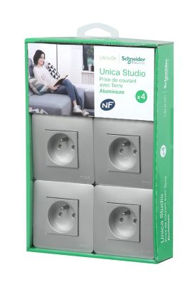 Prise avec terre complète Schneider Electric Unica Déco aluminium, lot de 4