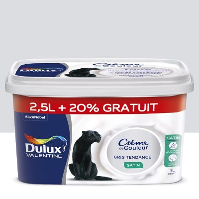 Peinture murs et boiseries Crème de Couleur Dulux Valentine satin gris tendance 2,5L +20% gratuit