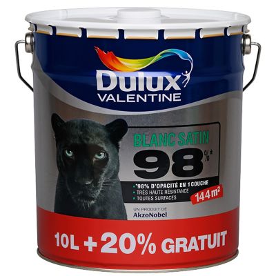 Peinture murs plafonds et boiseries Dulux Valentine 98% monocouche satin blanc 10L +20% gratuit