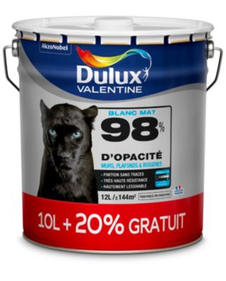 Peinture murs plafonds et boiseries Dulux Valentine 98% monocouche mat blanc 10L +20% gratuit