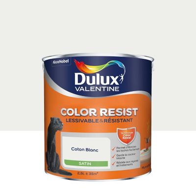 Peinture murs et boiseries Color Resist Dulux Valentine satin coton blanc 2,5L