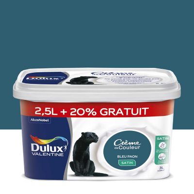 Peinture murs plafonds et boiseries Crème de Couleur Dulux Valentine satin bleu paon 2,5L + 20% offe