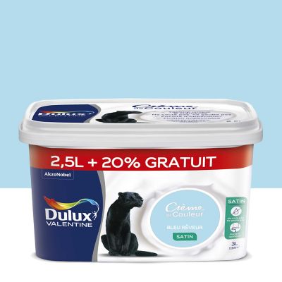 Peinture murs plafonds et boiseries Crème de Couleur Dulux Valentine satin bleu rêveur 2,5 litres + 