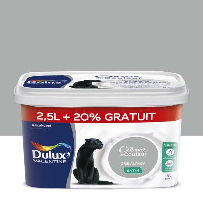 Peinture murs plafonds et boiseries Crème de Couleur Dulux Valentine satin gris alpaga 2,5 litres + 