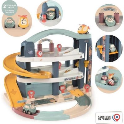 SMOBY - Garage 1er âge - Little Smoby - 3 niveaux - Accessoires inclus : 1 voiture, 1 hélicoptere, 4 pistes - Des 18 mois