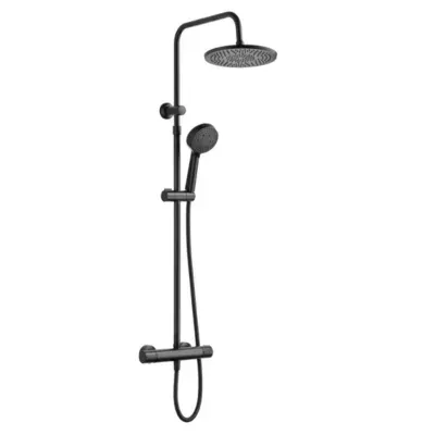 Colonne de douche thermostatique ronde avec douchette  pomme de douche  barre réglable et mitigeur  noir mat  Edouard Rousseau Lueggo