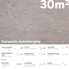 30m2 - Kit terrasse complet Composite gris  2.1x12x200 cm - rail aluminium