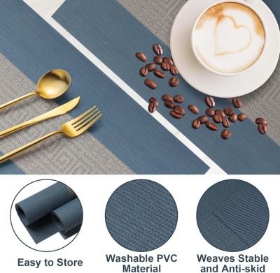 30x45cm, Bleu Lot de 8 Sets de Table Lavable, Sets Table Plastique PVC, Tissé Lavable Napperons Résistant à Chaleur Antidérapant