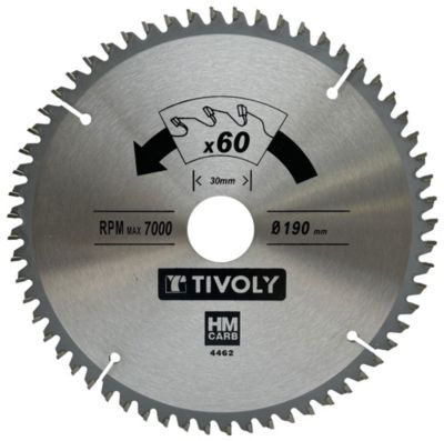 Tivoly Lame de Scie Circulaire D190mm 60 Dents en Carbure Excellente Finition Pour Découpe Matériaux