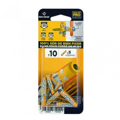 Chevilles et vis HEAD Lot de 10 Diam. 5 mm Long. 30 mm Couleur