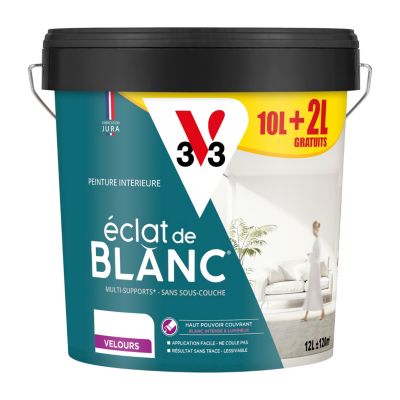 Peinture murs, plafonds et boiseries éclat de blanc V33 blanc velours 10L + 20% gratuit