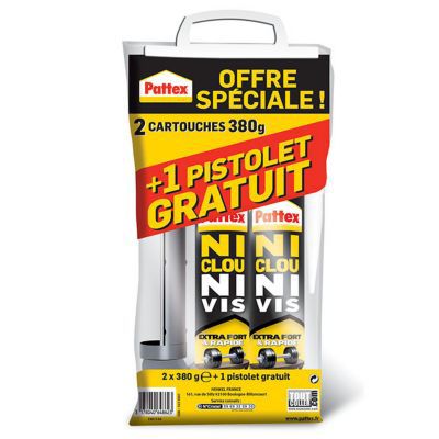 Pattex Ni Clou Ni Vis Chrono lot de 2 cartouches 380 g + 1 pistolet