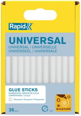 Bâtons de colle transparente universelle 7 mm. Paquet de 36 bâtons courts.