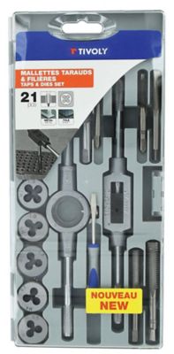 Taraud et filière Tivoly 21 pièces (9 tarauds M3 à M12 + 9 filières M3 à M12 + 1 tournevis + 1 porte
