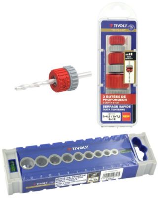 Tivoly Lot guide perçage PILOT 5 de Diam4 a 12mm + 3 butees de profondeur reglable pour foret de 3 55 88 12mm