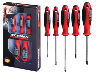 Jeu de 5 Tournevis Plats / Pozidriv TECHMAN 1170510 Manche ergonomique antidérapant