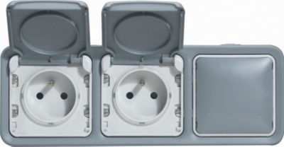 Double prise 2P+T + obturateur saillie Plexo gris Legrand