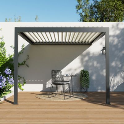 Pergola bioclimatique adossée motorisée Salto Alumin'home aluminium aspect bois - 3 x 3 m avec LED intégrés