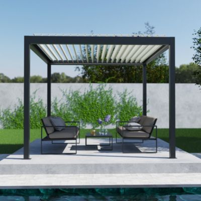 Pergola bioclimatique autoportante motorisée Salto Alumin'home aluminium aspect bois - 3 x 3 m avec LED intégrés