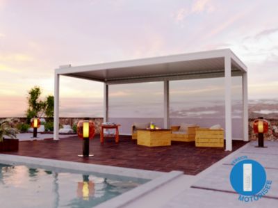 2 stores façade motorisés pour pergola Oviedo 6m blanc + 1 poteau central