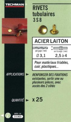 Techman 25 rivets tubulaires acier / laiton D. 8 x 12 mm