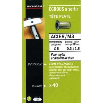 Ecrou à sertir Techman M3 Acier Lot de 40 Longueur 5 mm