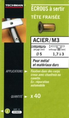 Techman 40 écrous M5 à sertir acier avec tête fraisée