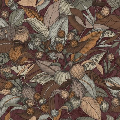 Papier peint vinyle intissé Villa Rosalie Lutece mat et satiné fleurs bordeaux, rouge, orange, beige