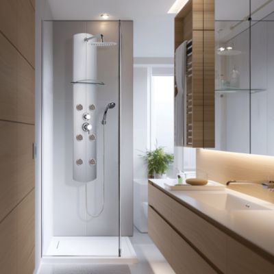 Colonne de douche mécanique hydromassante 6 buses avec tablette  pomme de tête  douchette 3 jets et flexible  gris  Valentin Totem Alu