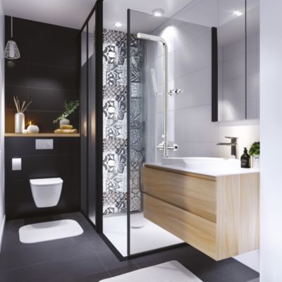 Colonne de douche thermostatique avec pomme de tête  douchette 1 jet et flexible  porte-savon  laiton chromé  Valentin Allure