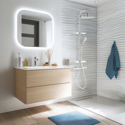 Colonne de douche thermostatique anti-brûlure avec tablette  pomme de tête ronde  douchette et flexible  chrome  Valentin Opium