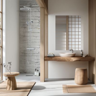 Colonne de douche thermostatique avec pomme de tête  douchette et flexible  chrome  Valentin Essentialis