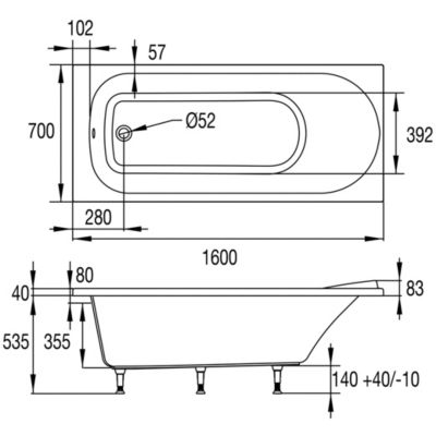 Baignoire Glyphe 160 x 70 cm sans tablier Valentin