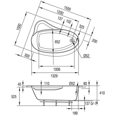 Baignoire asymétrique d'angle gauche Colombia 150 x 100 cm sans tablier Valentin