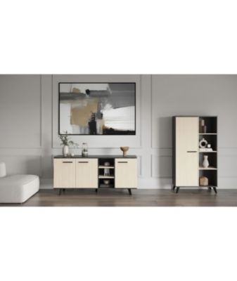 Ensemble salon - Enfilade, buffet haut, table basse - KENT- Chene de fil / Sidewalk - DEMEYERE